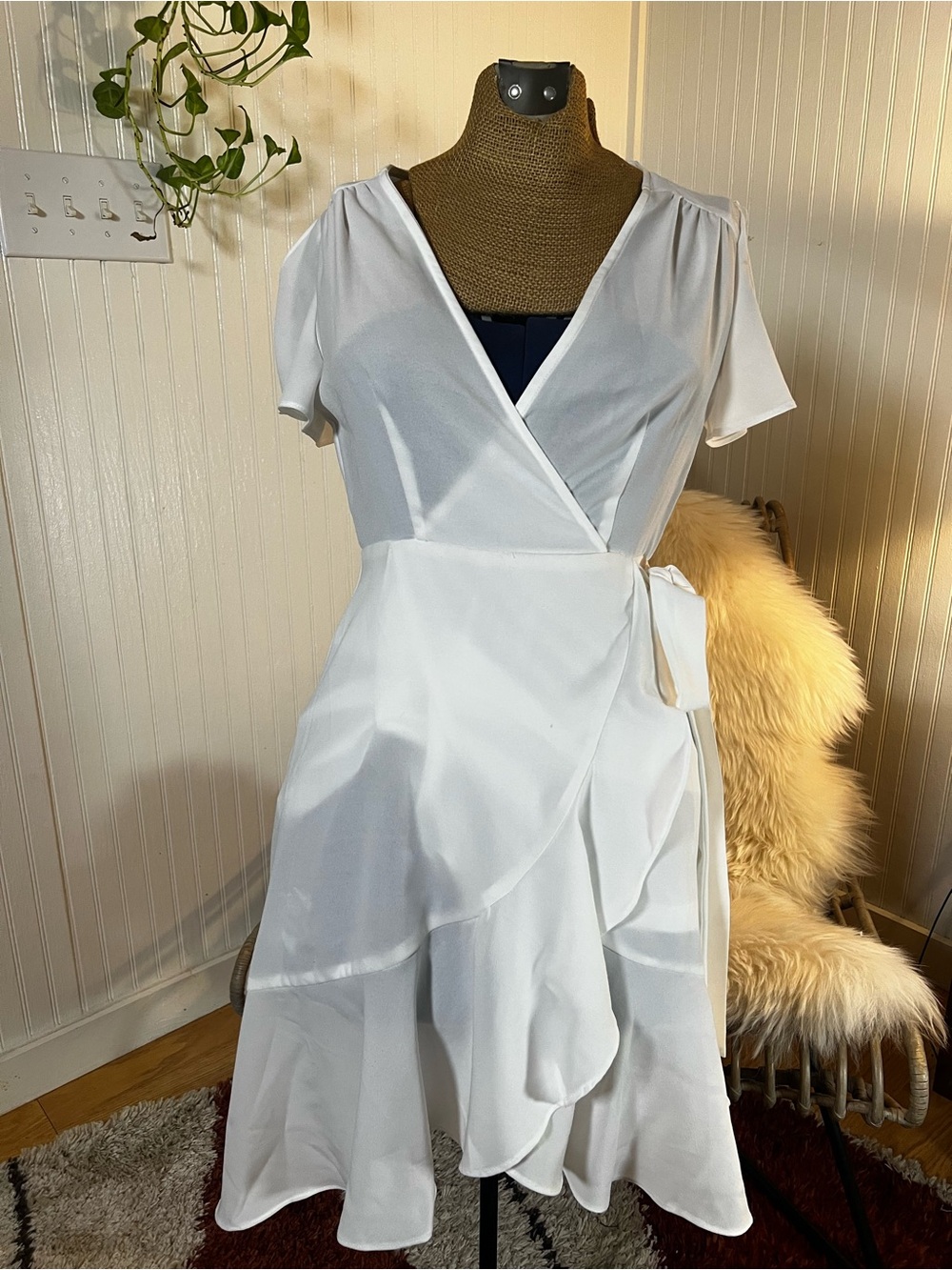 White altered state Wrap Midi Dress with Ruffle Hem